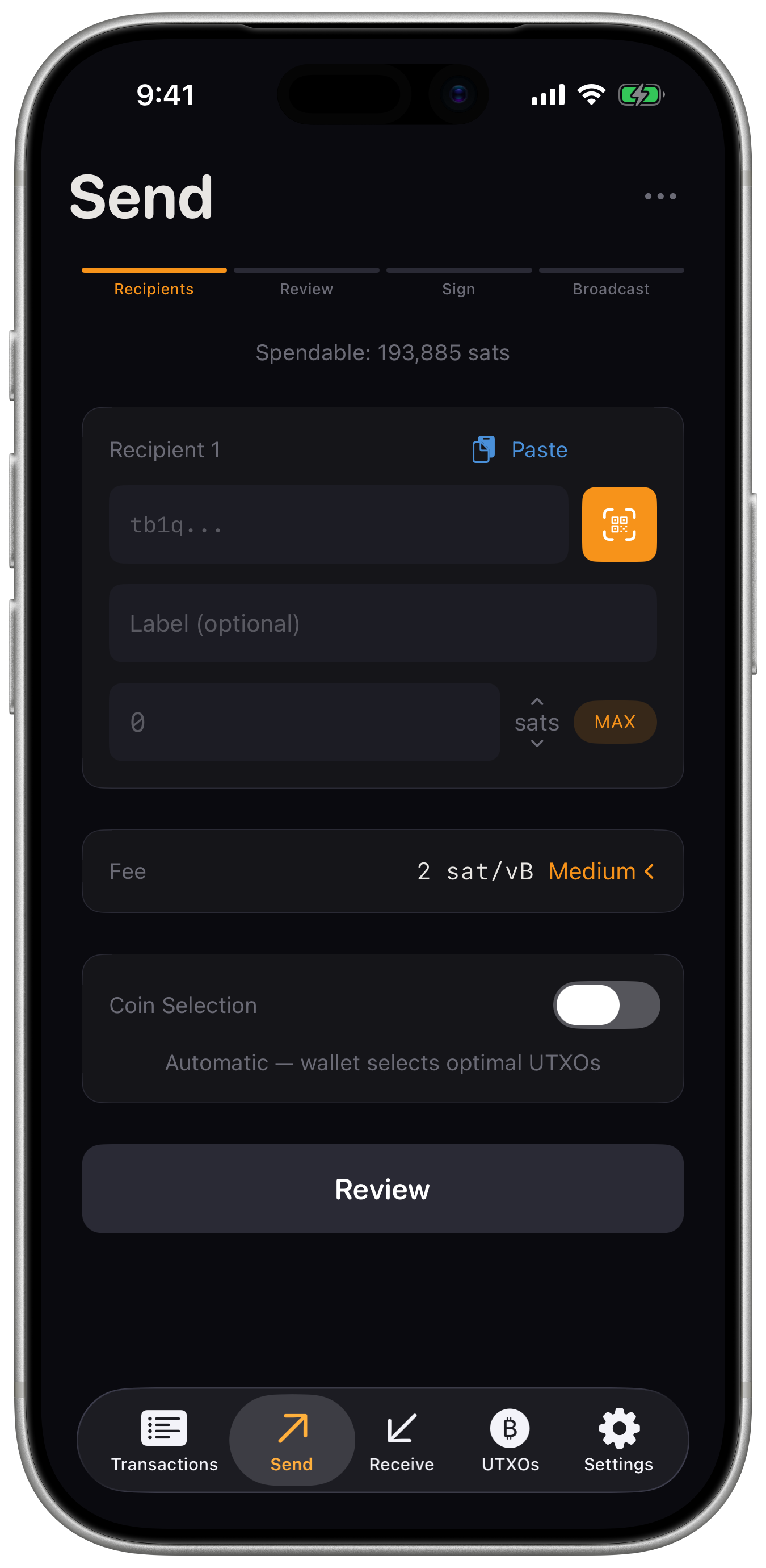 Send bitcoin screen